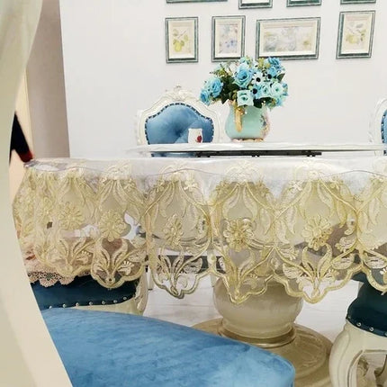 Embroidered Lace Round Tablecloth — Pastoral Rose Gold Table Linen