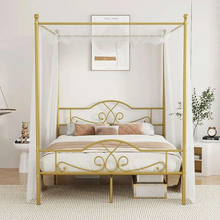 Elegant Metal Canopy Bed Frame with Four Posters and Storage Solutions