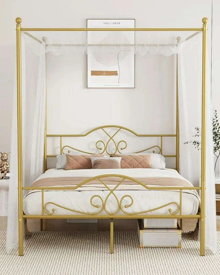 Elegant Metal Canopy Bed Frame with Four Posters and Storage Solutions