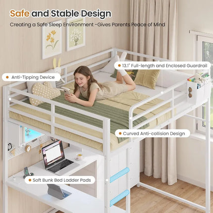 Full Loft Bed with L-Shaped Desk, Bookshelf & Charging Station, Metal Full Size with 6 Drawers, LED Lights, White full-loft-bed-with-l-shaped-desk-bookshelf-charging-station-metal-full-size-with-6-drawers-led-lights-white
