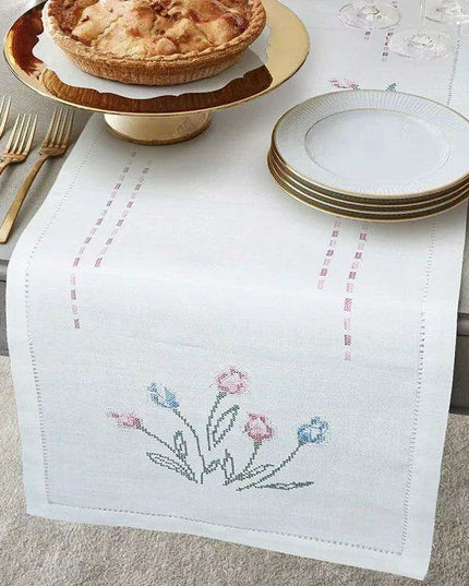 Tulip Elegance Cross-Stitch Table Runner - Exquisite Floral Embroidery - Natural Rustic Appeal - 72" - Perfect for Home, Airbnb, Hotel