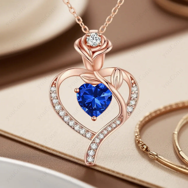 Tiffmet Rose Zircon Heart Pendant Necklace - Elegant Gift for Her