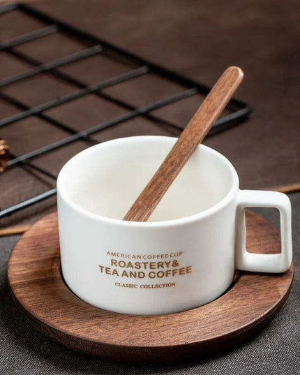 Classic American Elegance: Ceramic Coffee Mug Set with Walnut Holder and Gift Box