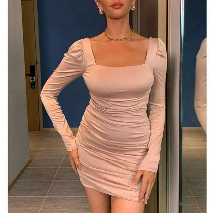 Sophisticated Autumn Pleated Bodycon Dress with Long Sleeves and Square Neck for Women by Josiaoprah