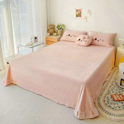 Charming Pink Bunny Applique Fleece Bedding Set - Duvet Cover, Fitted Sheet, Bed Skirt & Pillowcases