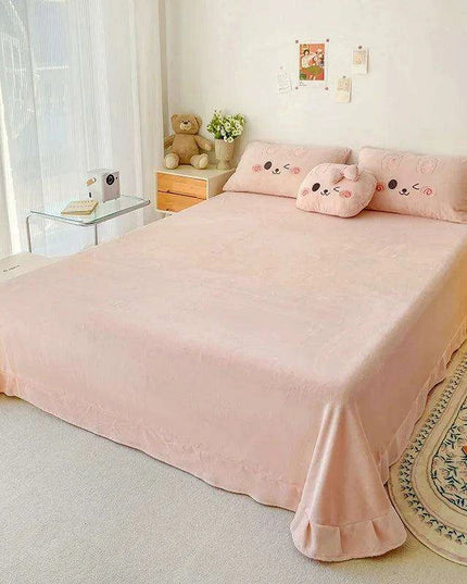 Charming Pink Bunny Applique Fleece Bedding Set - Duvet Cover, Fitted Sheet, Bed Skirt & Pillowcases
