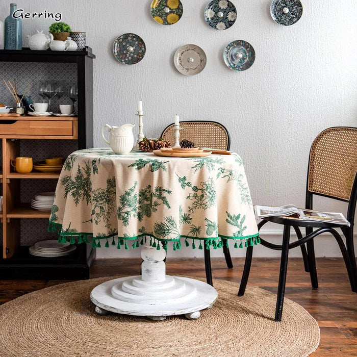 Elegant Green Printed Cotton Linen Tablecloth