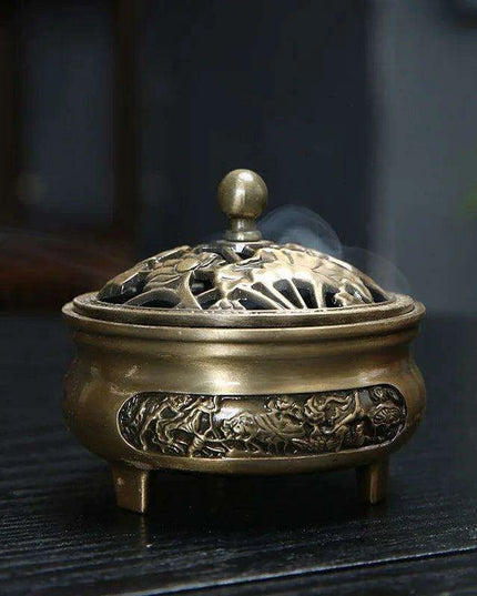 Antique Hollow Copper Incense Burner with Three Legs - Elegant Zen Decor for Home and Yoga Spaces
