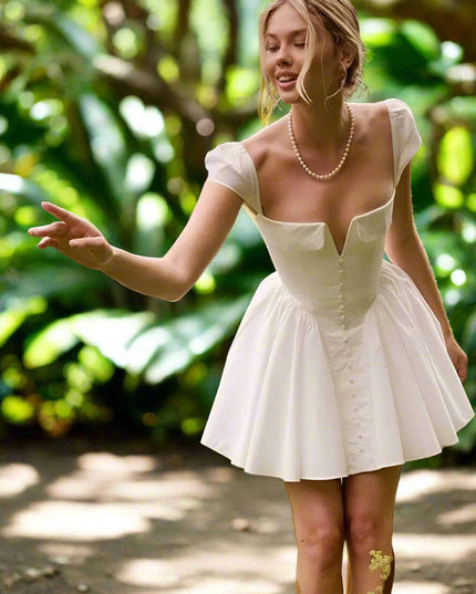 Chic White V-neck A-line Evening Gown with Stylish Button Embellishments and Flowy Pleats for Women