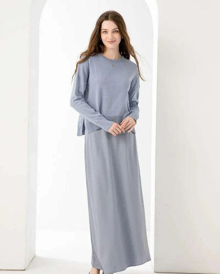 Elegant Spring Summer Outfit: Loose Knitted Top & Matte Satin Skirt Set