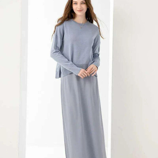 Elegant Spring Summer Outfit: Loose Knitted Top & Matte Satin Skirt Set