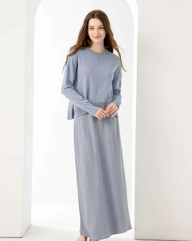 Elegant Spring Summer Outfit: Loose Knitted Top & Matte Satin Skirt Set