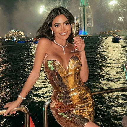 Glistening Gold Sequin Strapless Bodycon Mini Dress for Women