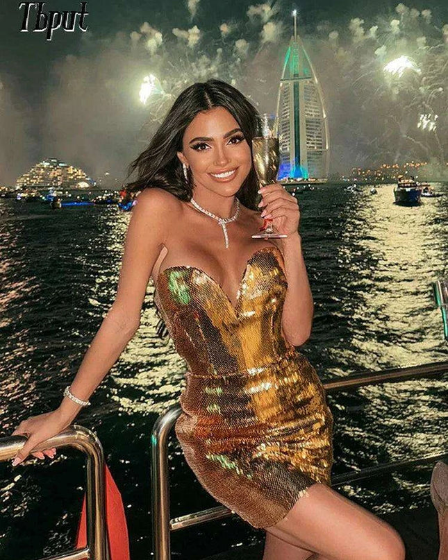 Glistening Gold Sequin Strapless Bodycon Mini Dress for Women