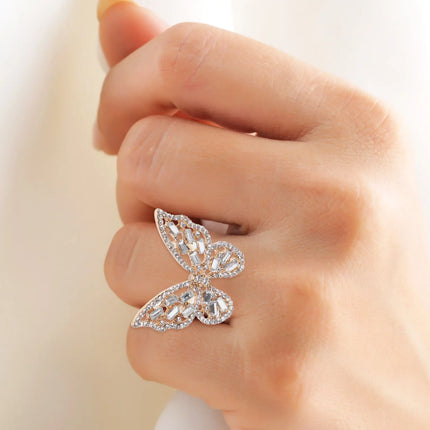 Rhinestone Butterfly Ring Set — 2 Pieces, Alloy & Crystal, Women's