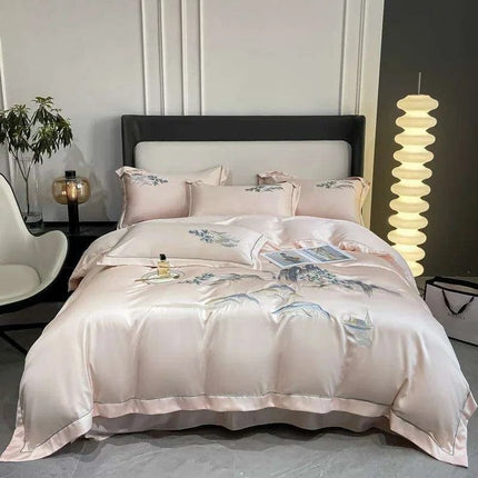 Elegant Chinese Landscape Embroidery Luxury Bedding Set - Silky Duvet Cover, Soft Quilt Cover, Bed Sheet & Pillowcases for 2024