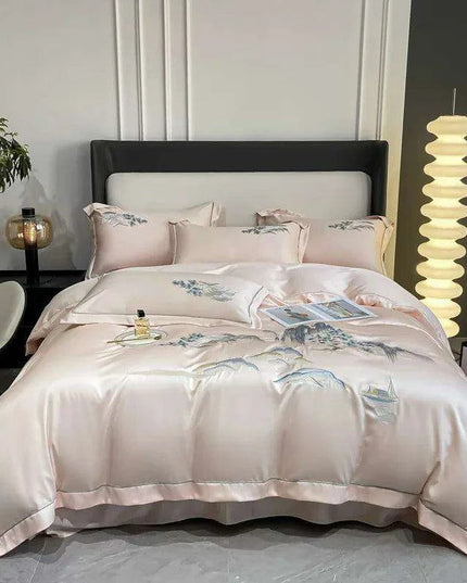 Elegant Chinese Landscape Embroidery Luxury Bedding Set - Silky Duvet Cover, Soft Quilt Cover, Bed Sheet & Pillowcases for 2024