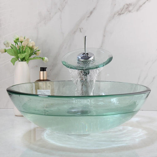 17" Round Tempered Glass Bathroom Vessel Sink Set with Waterfall Faucet