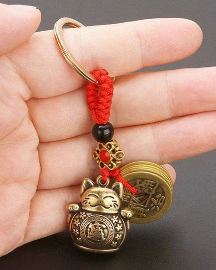 Brass Lucky Cat Keychain with Fortune Coin for Abundant Blessings