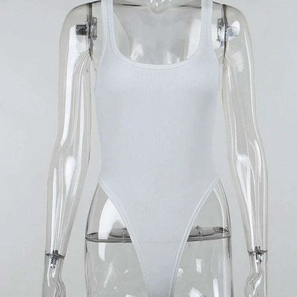 Chic Off-Shoulder White Ribbed Sports Bodysuit for Women - Trendy Streetwear Tank Catsuit