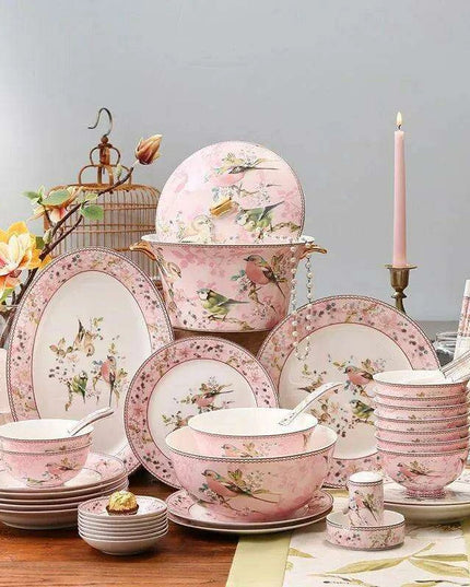 Charming Pink Bone Porcelain Dining Set: 30-Piece Complete Tableware Collection with Bowls, Plates, and Chopsticks