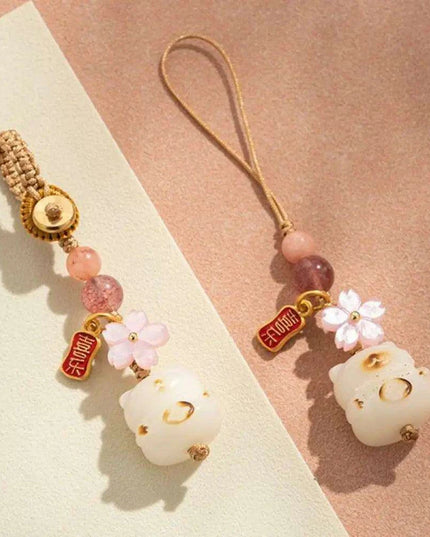 Bodhi Root Fortune Cat Paw Keychain - Traditional Chinese Lucky Amulet