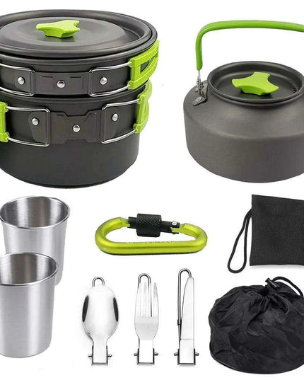 All-in-One Portable Camping Cookware Set with Non-Stick Cookware, Kettle, and Collapsible Utensils for Outdoor Adventures