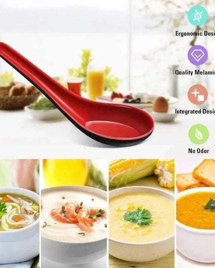 Sleek Anti-Shock Porcelain Spoon Set for Rice, Dumplings, and Porridge - Modern Kitchen Cutlery in Bold Red and Black