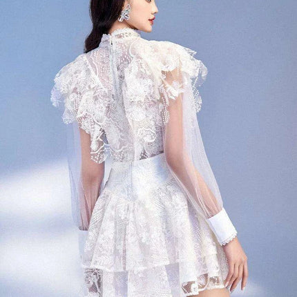 Elegant Pearl Flower Lace High Waist Mesh Dress with Stand Collar for Women
