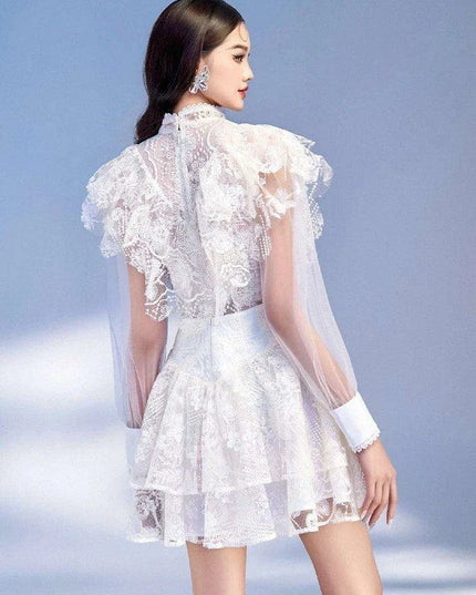 Elegant Pearl Flower Lace High Waist Mesh Dress with Stand Collar for Women