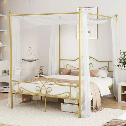 Elegant Metal Canopy Bed Frame with Four Posters and Storage Solutions