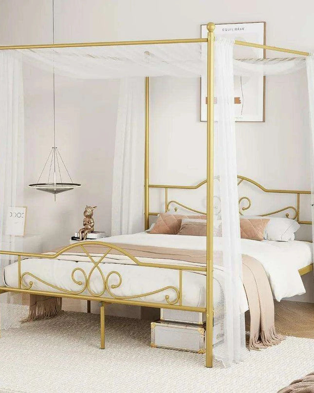 Elegant Metal Canopy Bed Frame with Four Posters and Storage Solutions