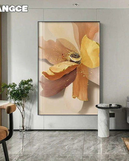 Sophisticated Blue Floral Abstract Canvas Artwork with Gold Leaf Highlights - Modern Scandinavian Home Decor