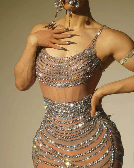 Radiant Sheer Crystal-Embellished Mini Dress for Women - Perfect Evening Wear for Celebrations and Parties