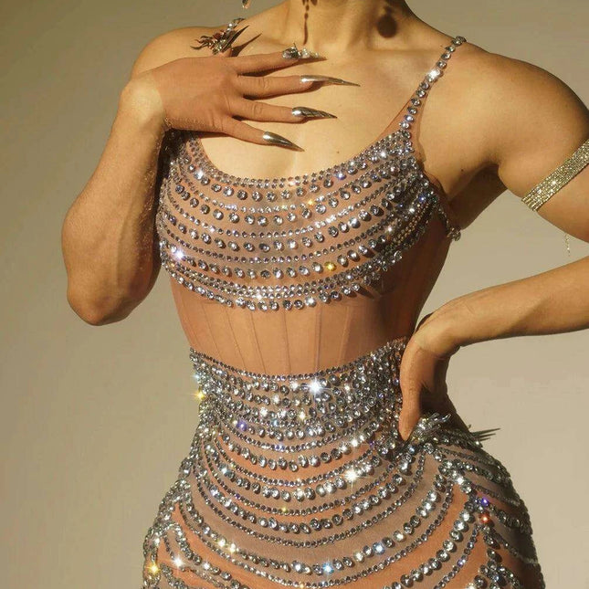 Radiant Sheer Crystal-Embellished Mini Dress for Women - Perfect Evening Wear for Celebrations and Parties