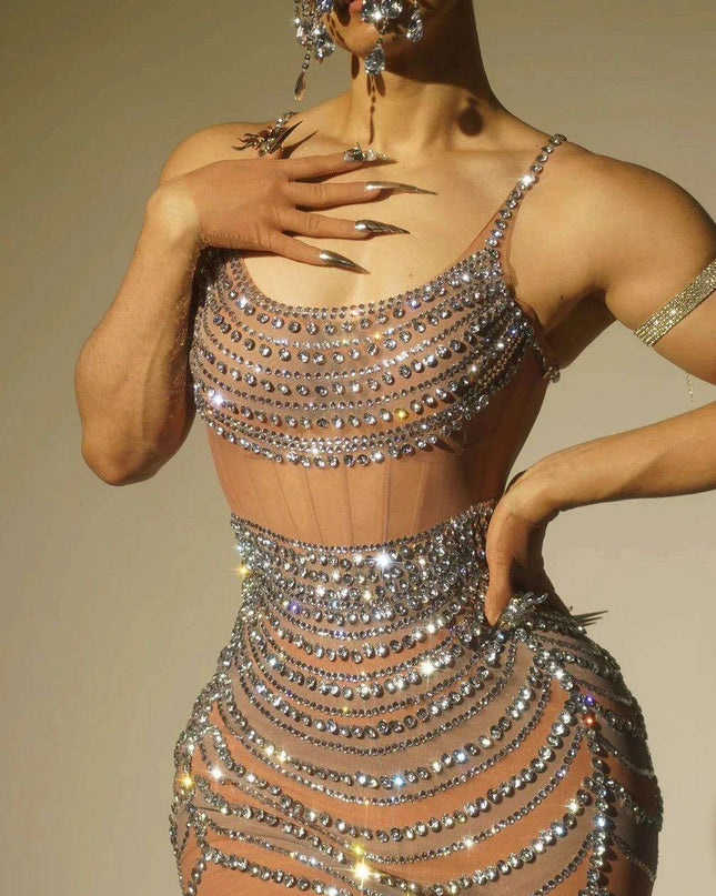 Radiant Sheer Crystal-Embellished Mini Dress for Women - Perfect Evening Wear for Celebrations and Parties