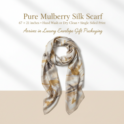 100% Mulberry Silk Long Scarf – Light Blue Floral Print, Gift Boxed