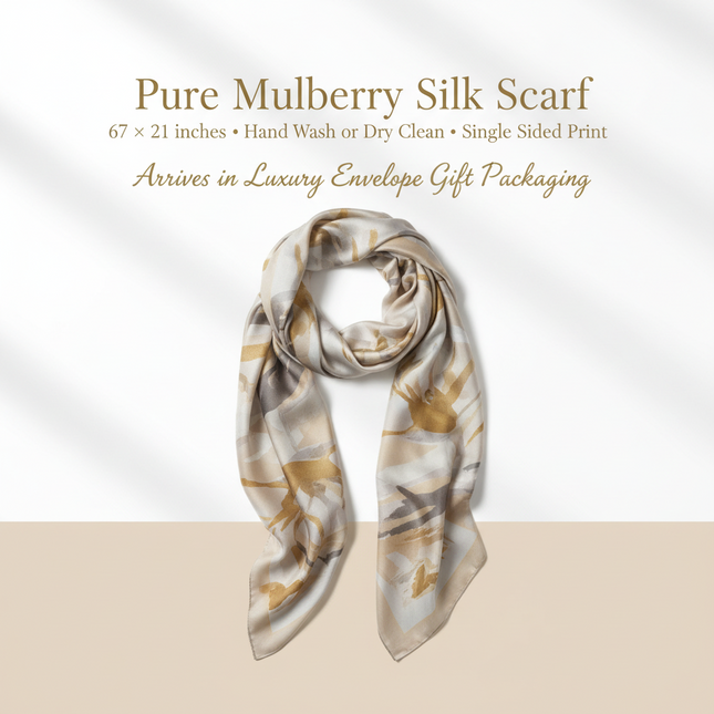 100% Mulberry Silk Long Scarf – Light Blue Floral Print, Gift Boxed