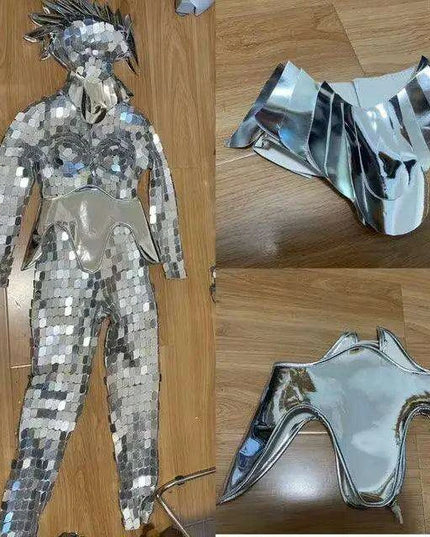 Customizable Silver Serpent Mirror Performance Costume for Nightclubs and Theatrical Shows