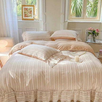 Elegant 4-Piece French Vintage Plaid Cotton Bedding Set with Ruffled Duvet Cover and Bed Skirt
