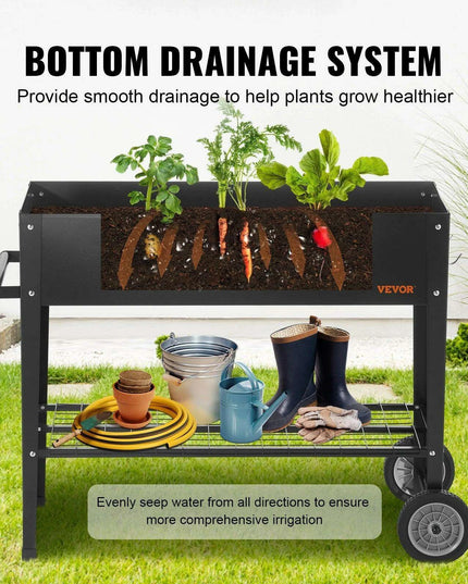 Mobile Steel Elevated Garden Bed with Drainage and Complete Gardening Kit