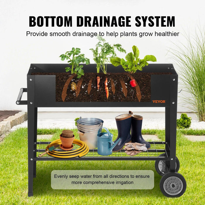 Mobile Steel Elevated Garden Bed with Drainage and Complete Gardening Kit