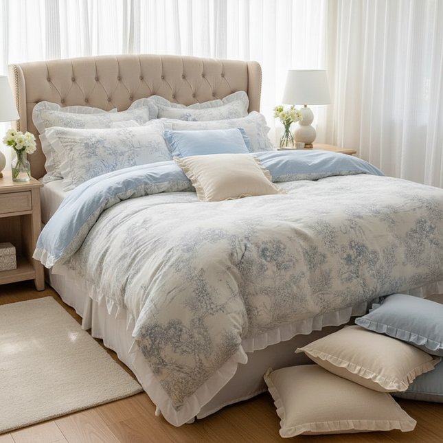 Korean Lace Ruffle Bedding Set | Soft Printed Duvet Cover & Sheets