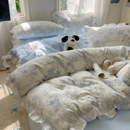 Korean Lace Ruffle Bedding Set | Soft Printed Duvet Cover & Sheets