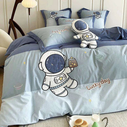 Charming Blue Cartoon Astronaut Embroidered 100% Cotton Boys Bedding Set - Single Duvet Cover, Sheet & Pillowcases - Ideal Gift for Little Explorers