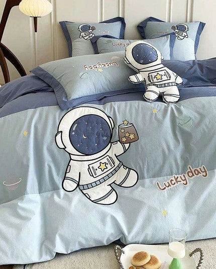 Charming Blue Cartoon Astronaut Embroidered 100% Cotton Boys Bedding Set - Single Duvet Cover, Sheet & Pillowcases - Ideal Gift for Little Explorers