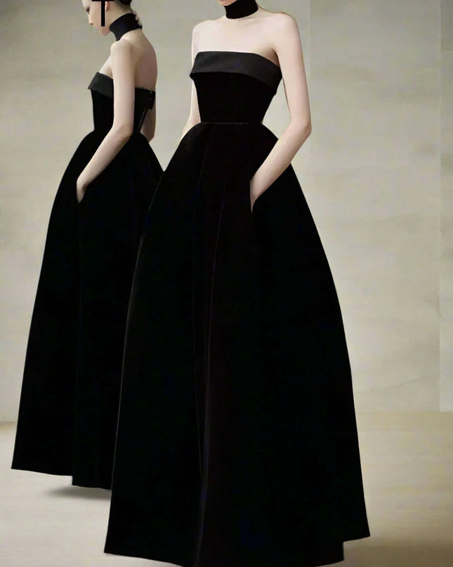 Strapless High Waist Velvet Pleated Evening Gown for Women