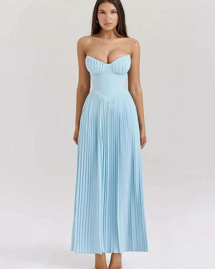 Glamorous Off-Shoulder High Waist Pleated Maxi Dress - Backless Bodycon Long Gown for Women