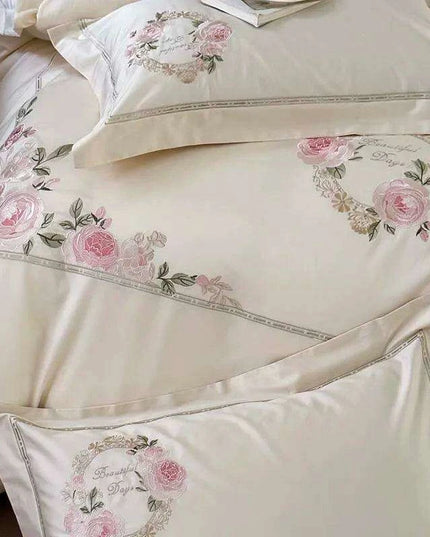 Luxurious 1000TC Egyptian Cotton Floral Embroidered Bedding Set - Cream, Pink, and Green Duvet Cover, Sheet, and Pillowcases