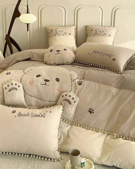Whimsical Cartoon Bear Embroidered Kids' Cotton Bedding Set - 100% Cotton Duvet Cover, Sheet, and Pillowcases